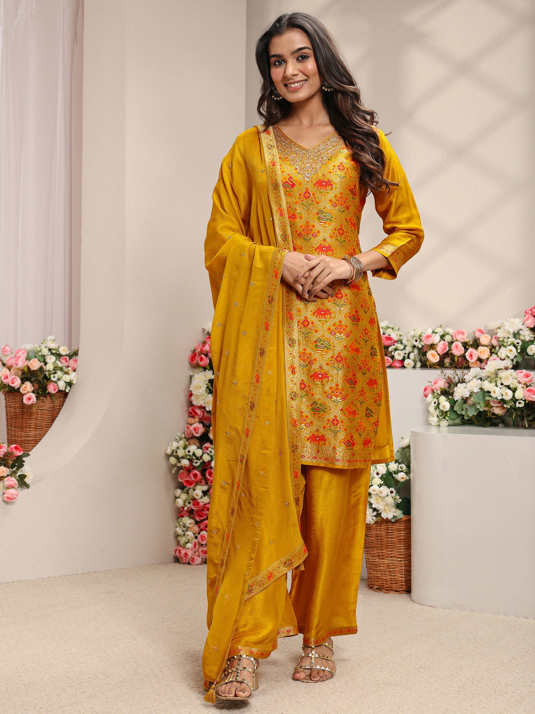  Libas Art Mustard Patola Woven Design Silk Blend Straight Suit Set With Dupatta 