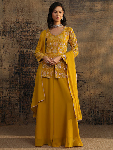 Libas Art Mustard Embroidered Georgette A-Line Suit Set With Dupatta