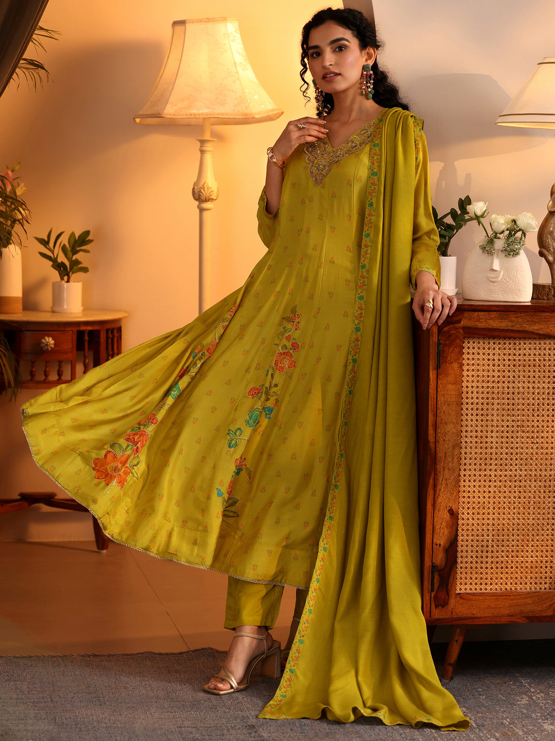 Libas Art Mustard Printed Muslin Anarkali Suit Set With Dupatta