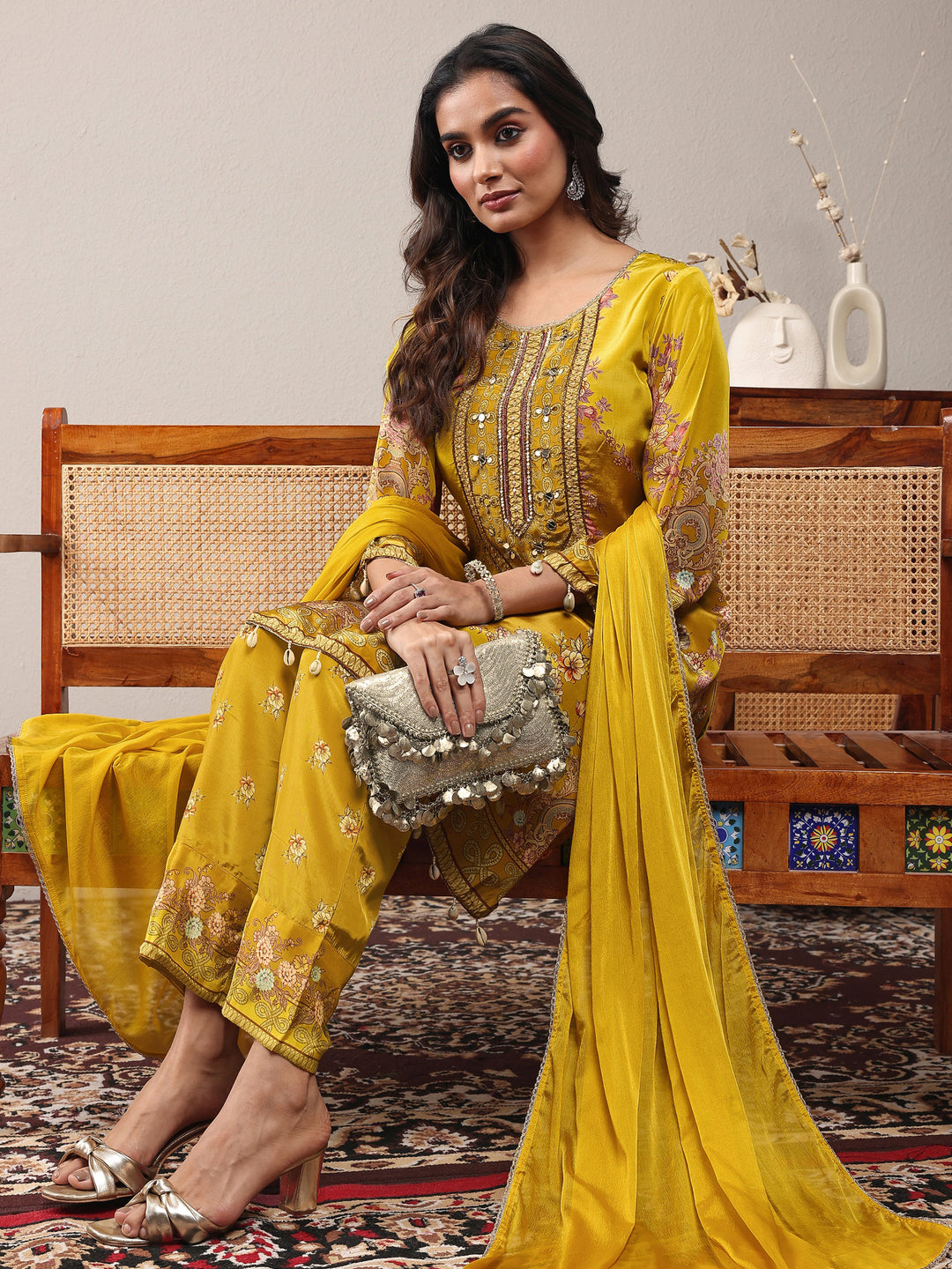  Libas Art Mustard Printed Silk Crepe Straight Suit Set With Dupatta 