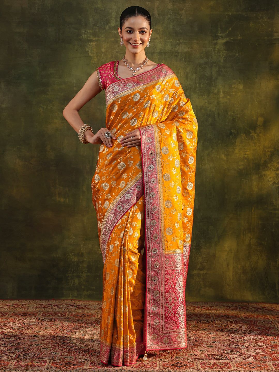  Libas Art Mustard Woven Design Silk Blend Banarasi Saree With Unstitched Blouse Piece 