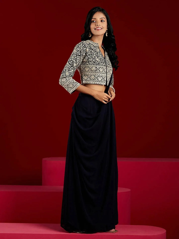 Libas Art Navy Blue Embellished Georgette Top With Palazzos - Libas