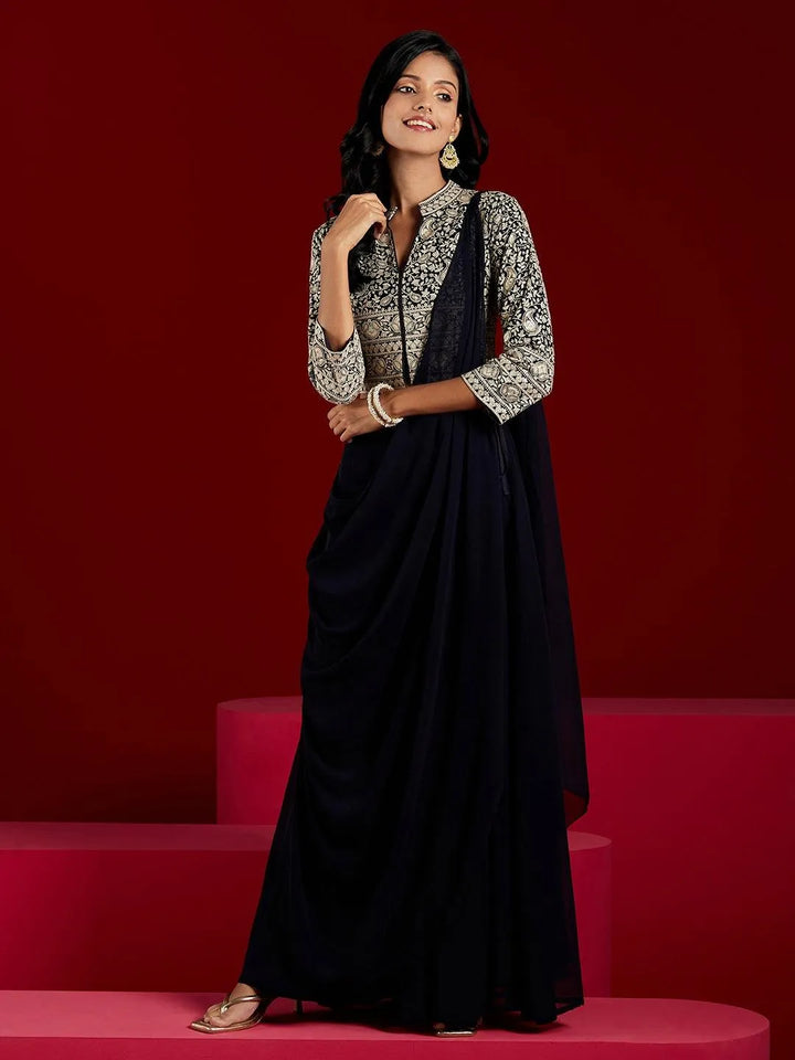 Libas Art Navy Blue Embellished Georgette Top With Palazzos - Libas