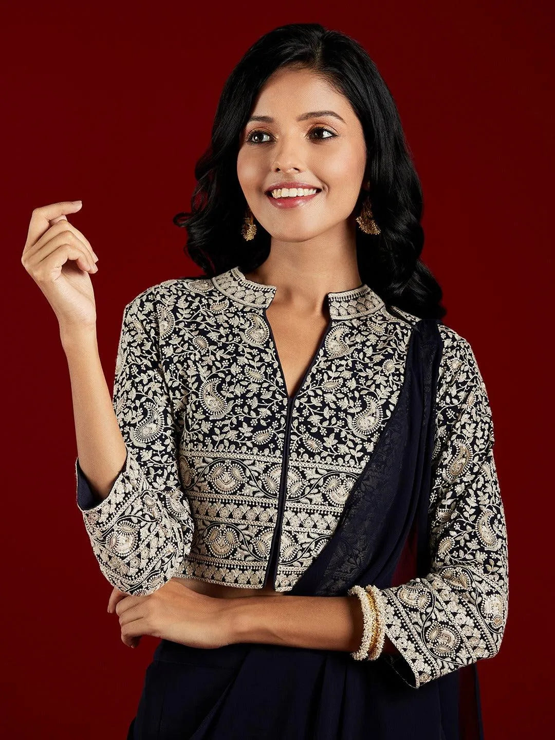 Libas Art Navy Blue Embellished Georgette Top With Palazzos - Libas 