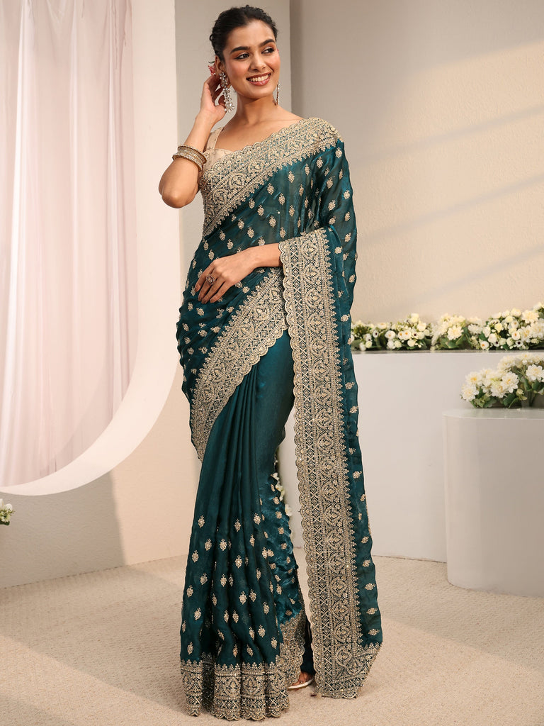 Libas Art Navy Blue Embellished Tissue Saree With Unstitched Blouse Piece