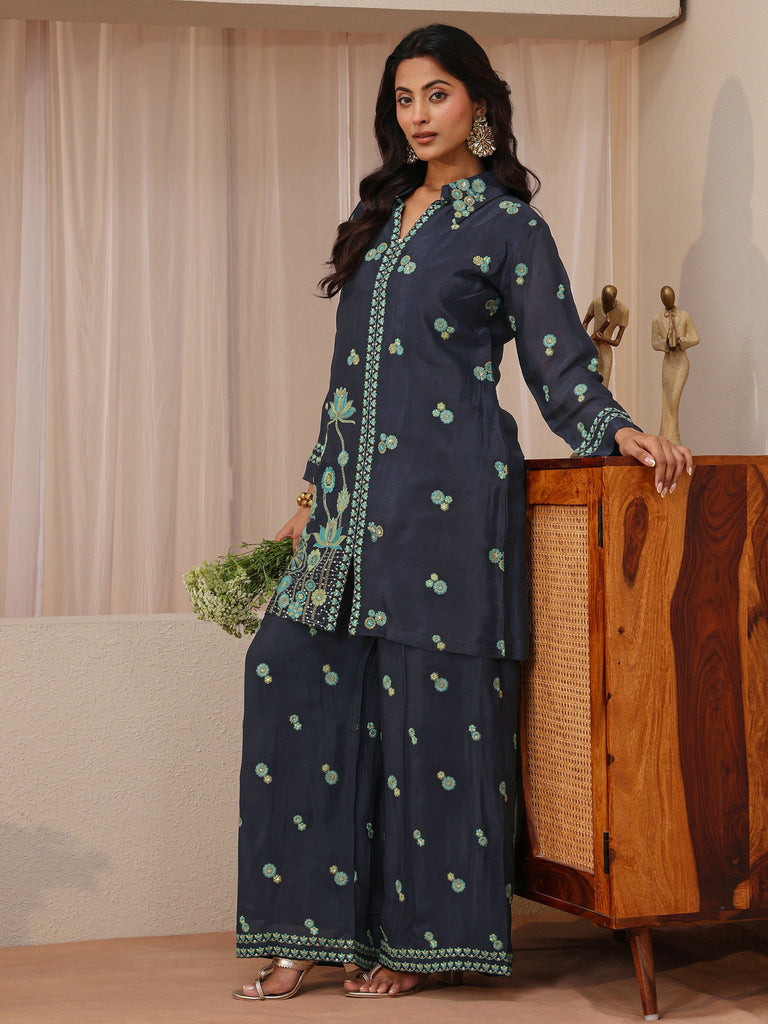 Libas Art Navy Blue Floral Embroidered Chinon Co-Ord Set