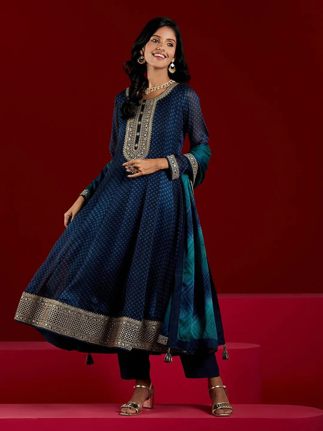 Libas Art Navy Blue Yoke Design Chiffon Anarkali Kurta With Trousers & Dupatta - Libas