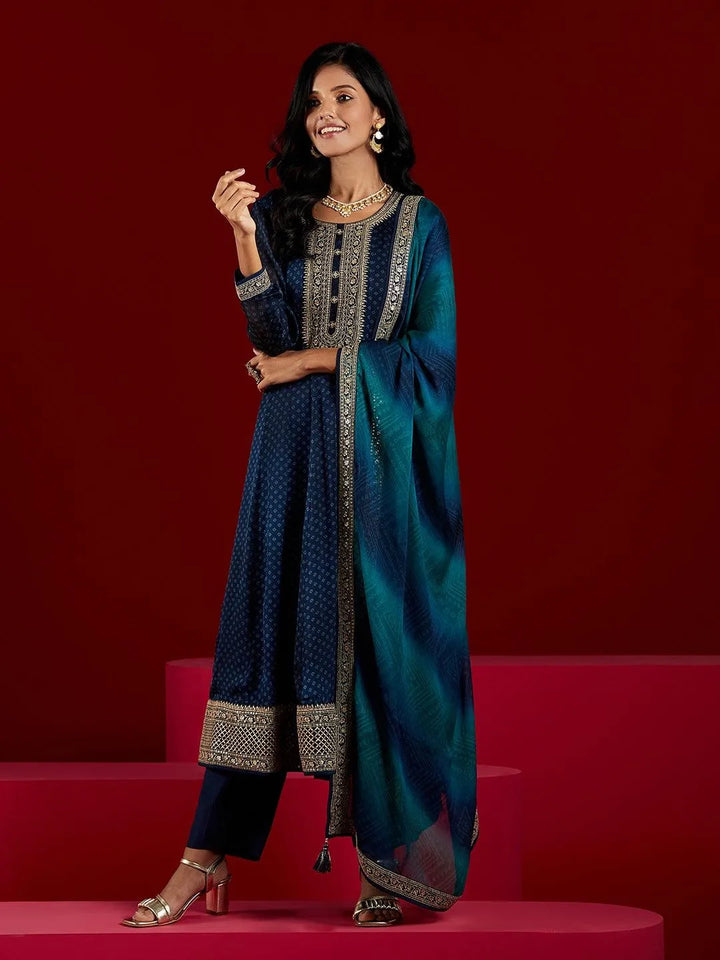 Libas Art Navy Blue Yoke Design Chiffon Anarkali Kurta With Trousers & Dupatta - Libas