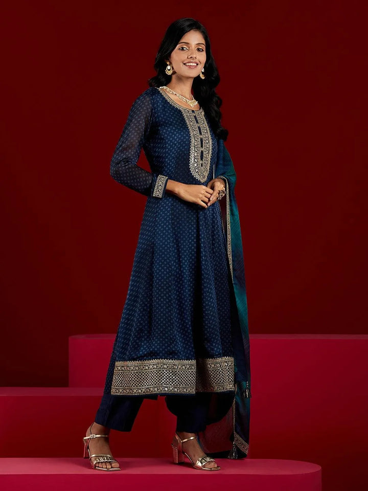 Libas Art Navy Blue Yoke Design Chiffon Anarkali Kurta With Trousers & Dupatta - Libas