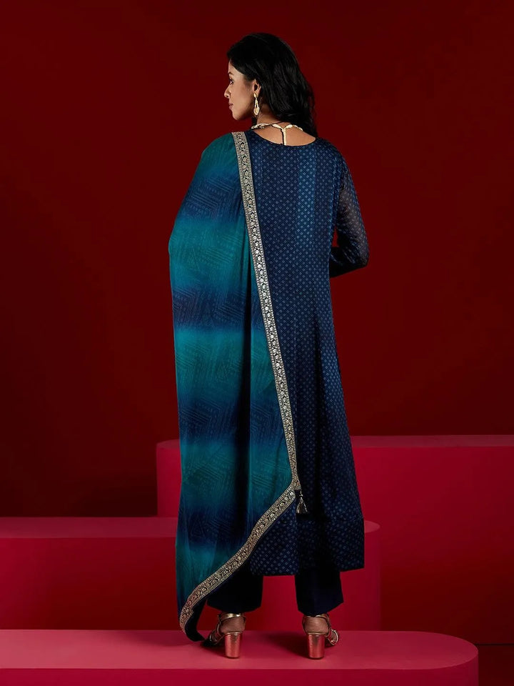 Libas Art Navy Blue Yoke Design Chiffon Anarkali Kurta With Trousers & Dupatta - Libas