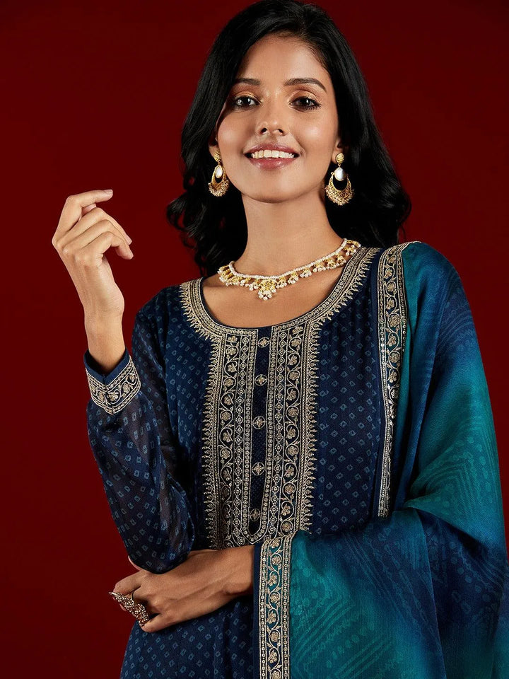 Libas Art Navy Blue Yoke Design Chiffon Anarkali Kurta With Trousers & Dupatta - Libas