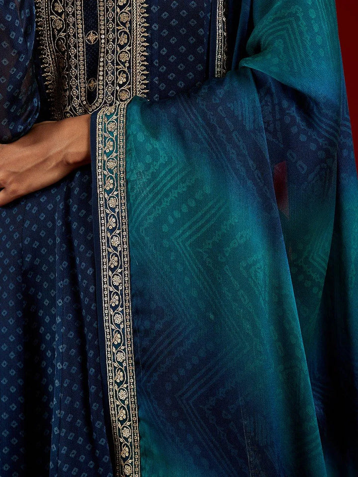 Libas Art Navy Blue Yoke Design Chiffon Anarkali Kurta With Trousers & Dupatta - Libas