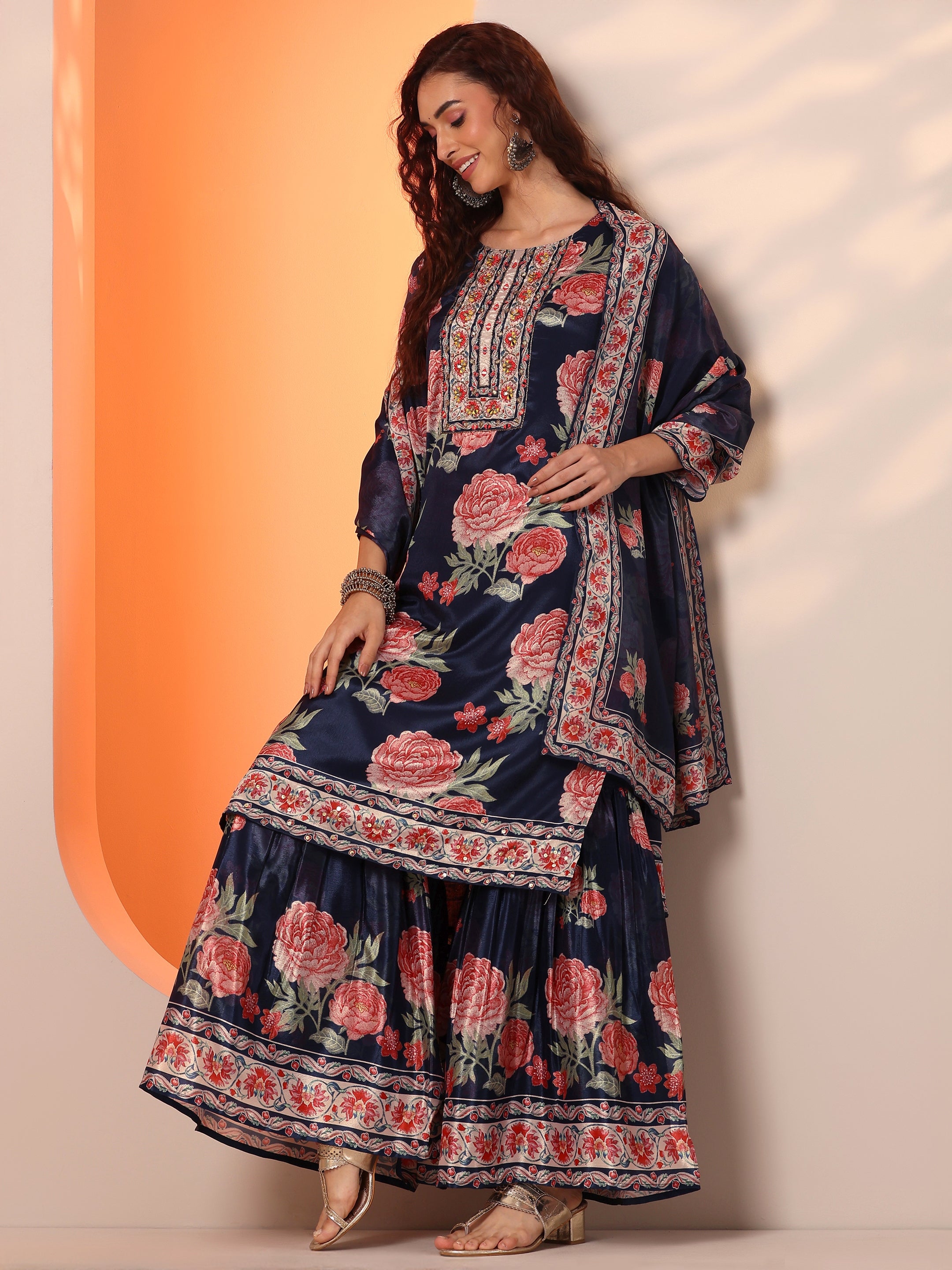 libas Navy Blue Printed Chinon Straight Suit Set With Dupatta-picture-10
