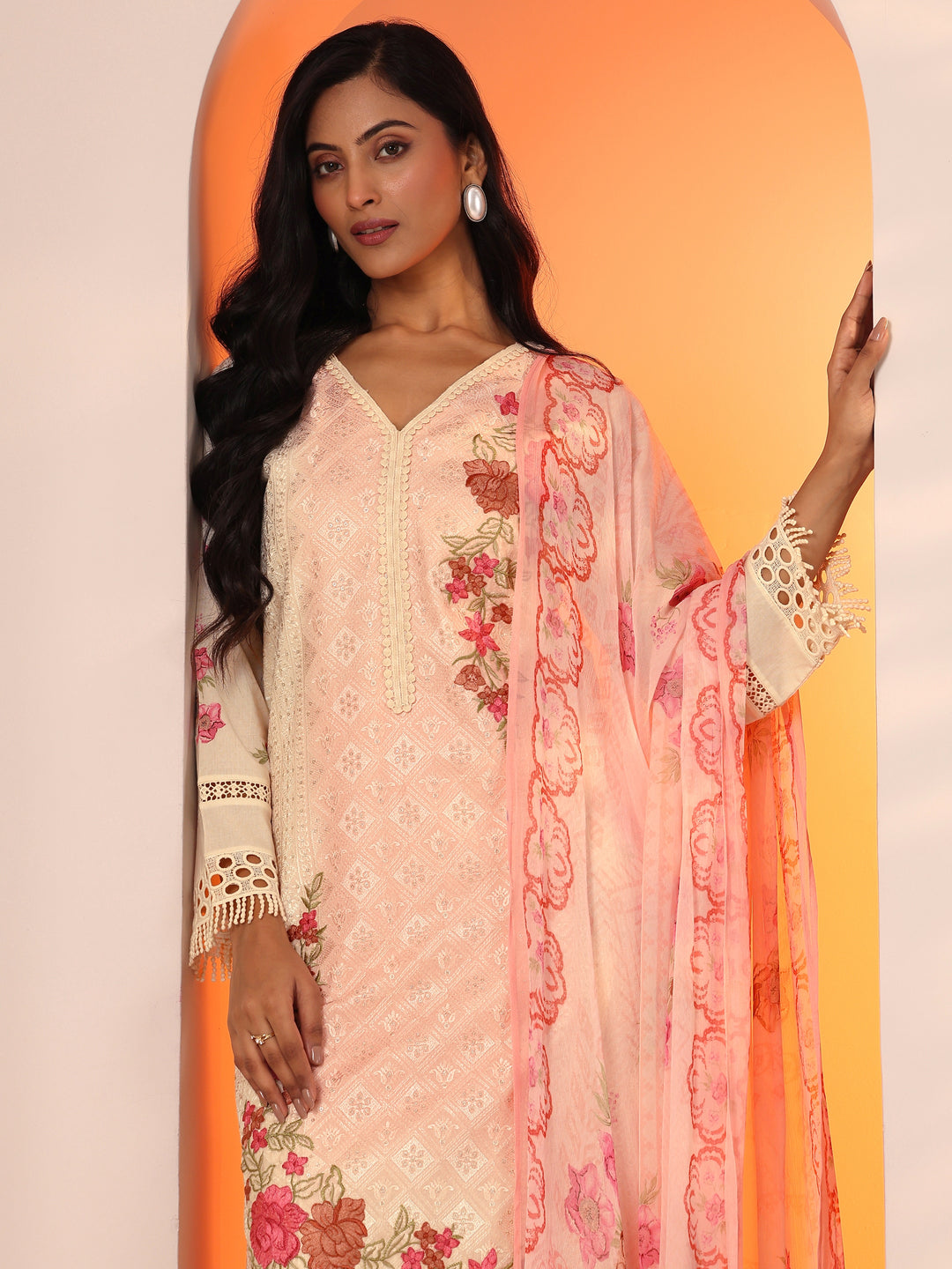 Off White Embroidered Cotton Straight Suit Set With Dupatta