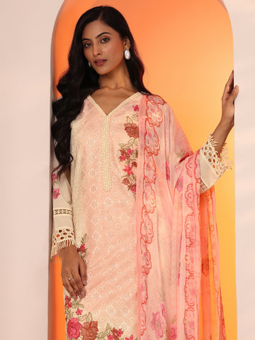 Off White Embroidered Cotton Straight Suit Set With Dupatta