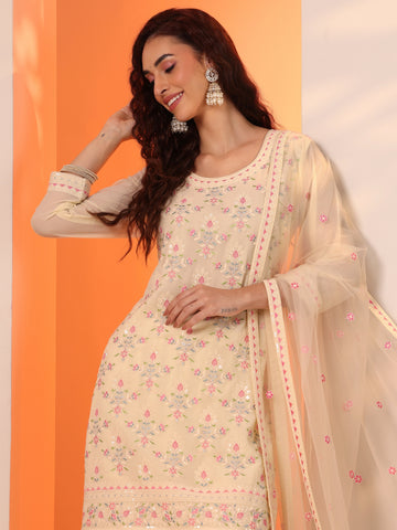 Off White Embroidered Georgette Straight Suit Set With Dupatta