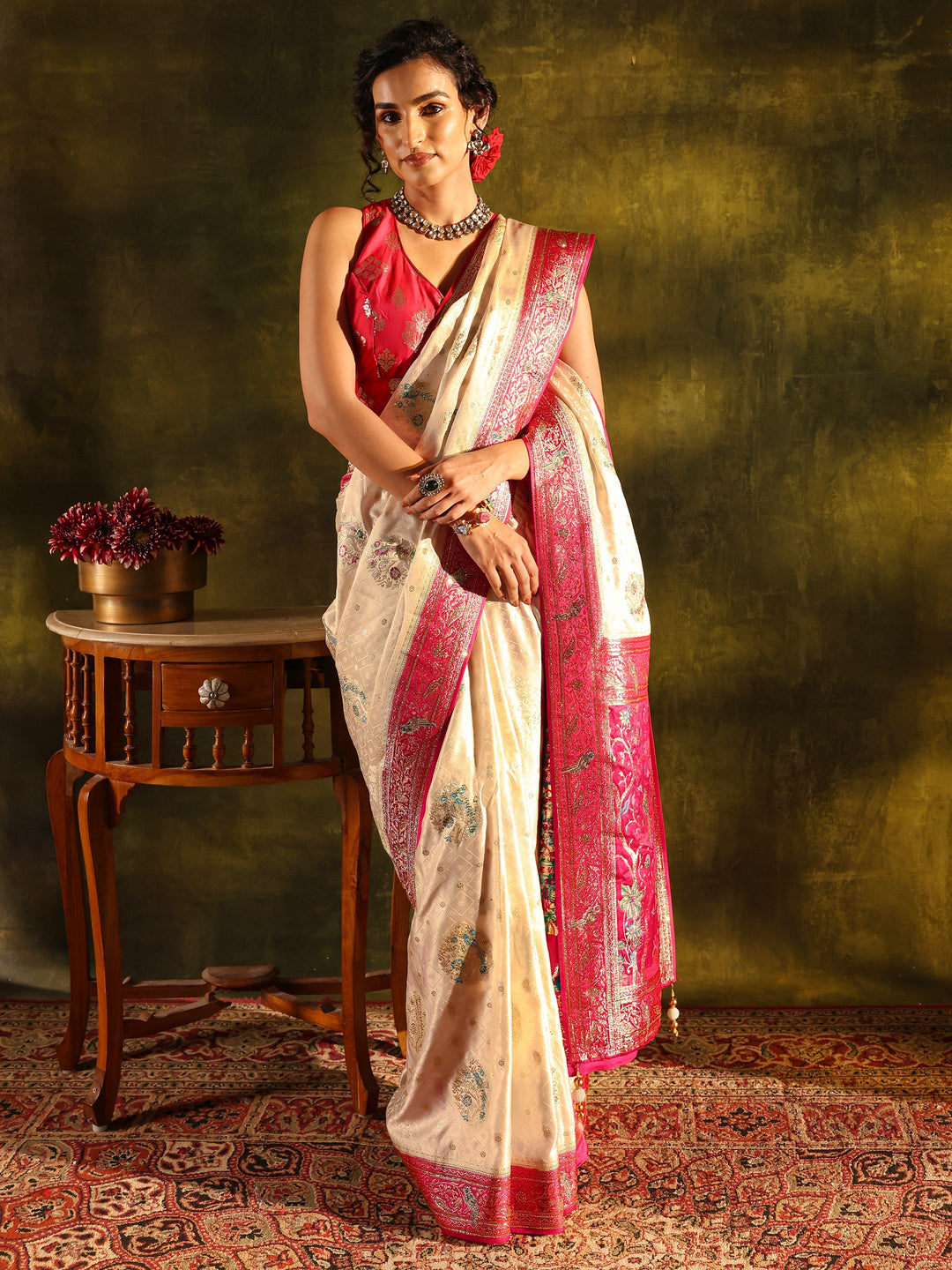  Libas Art Off White Ethnic Woven Design Satin Saree With Unstitched Blouse Piece 