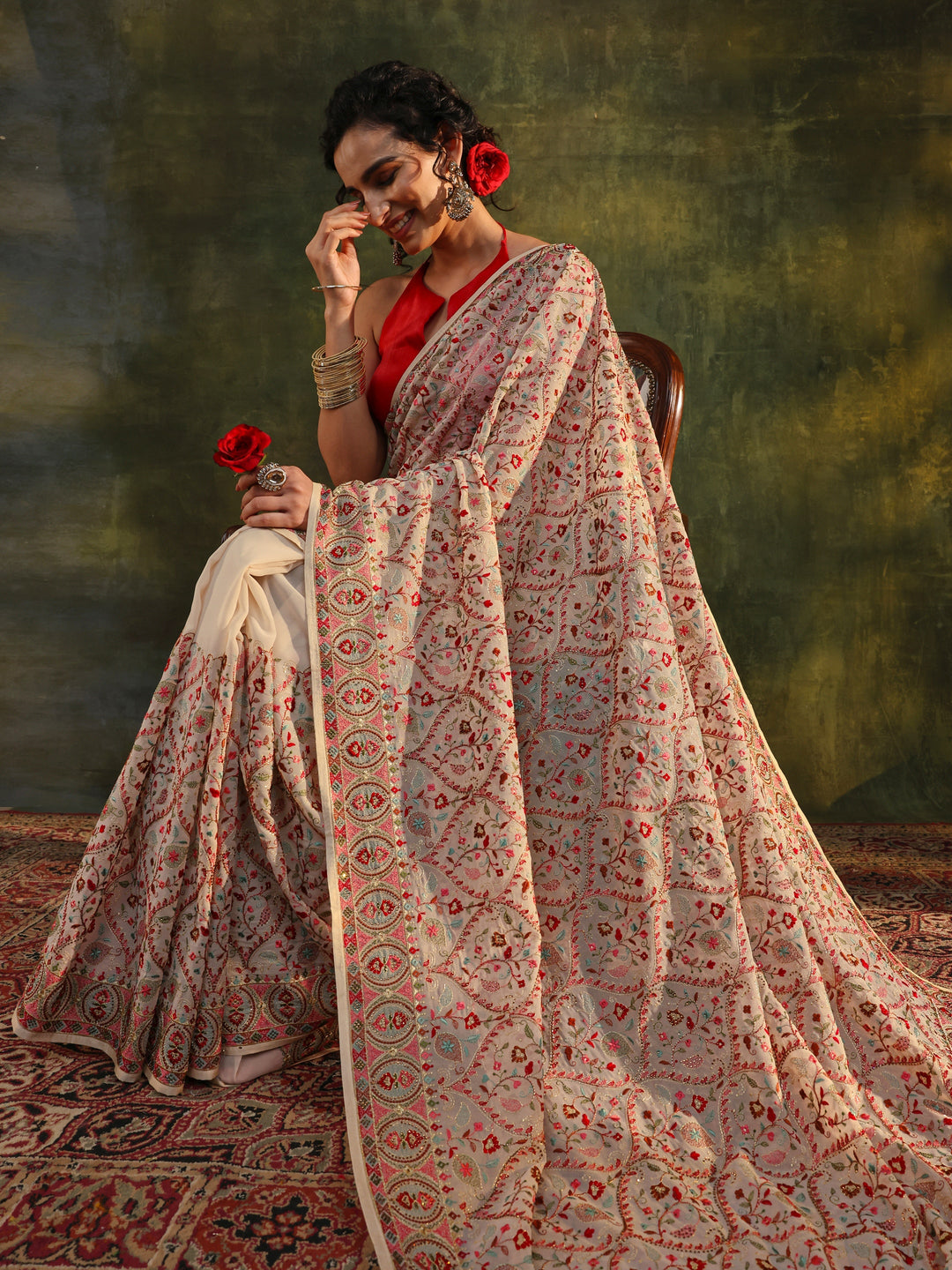 Libas Art Off White Jamawar Embroidered Georgette Saree With Unstitched Blouse Piece