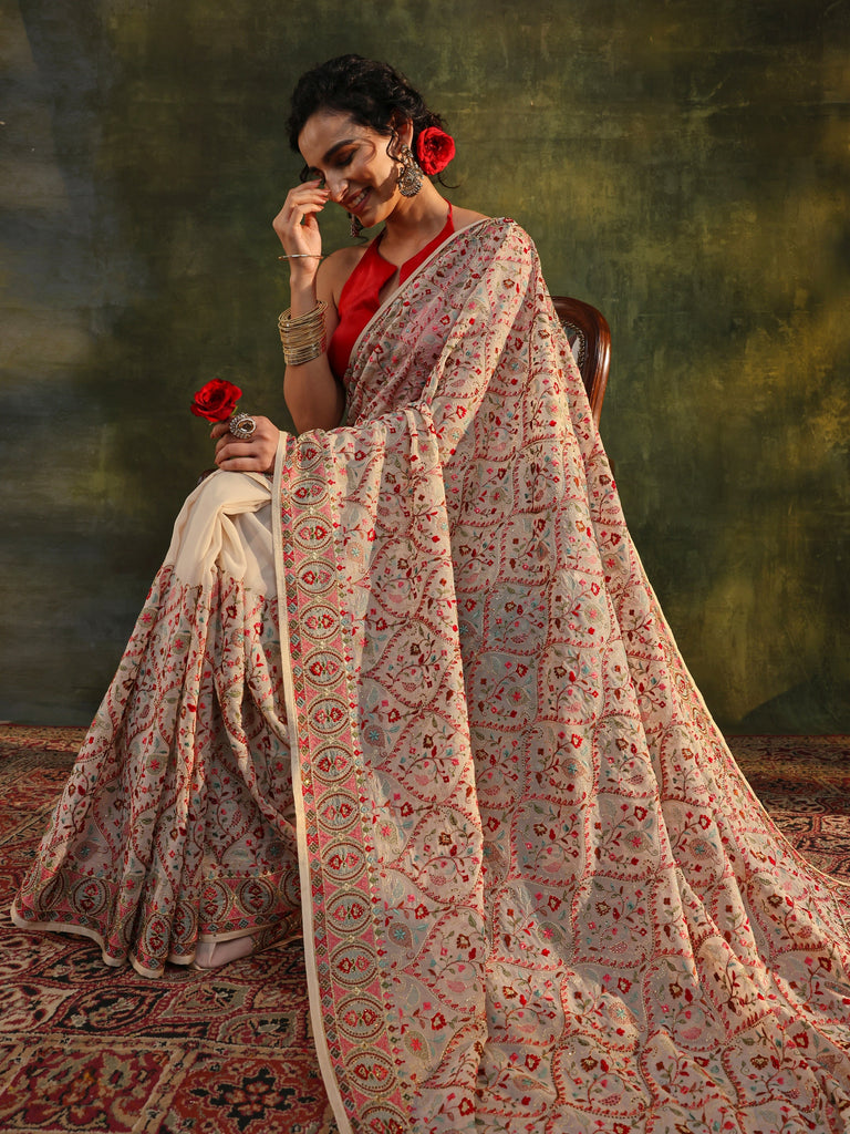 Libas Art Off White Jamawar Embroidered Georgette Saree With Unstitched Blouse Piece
