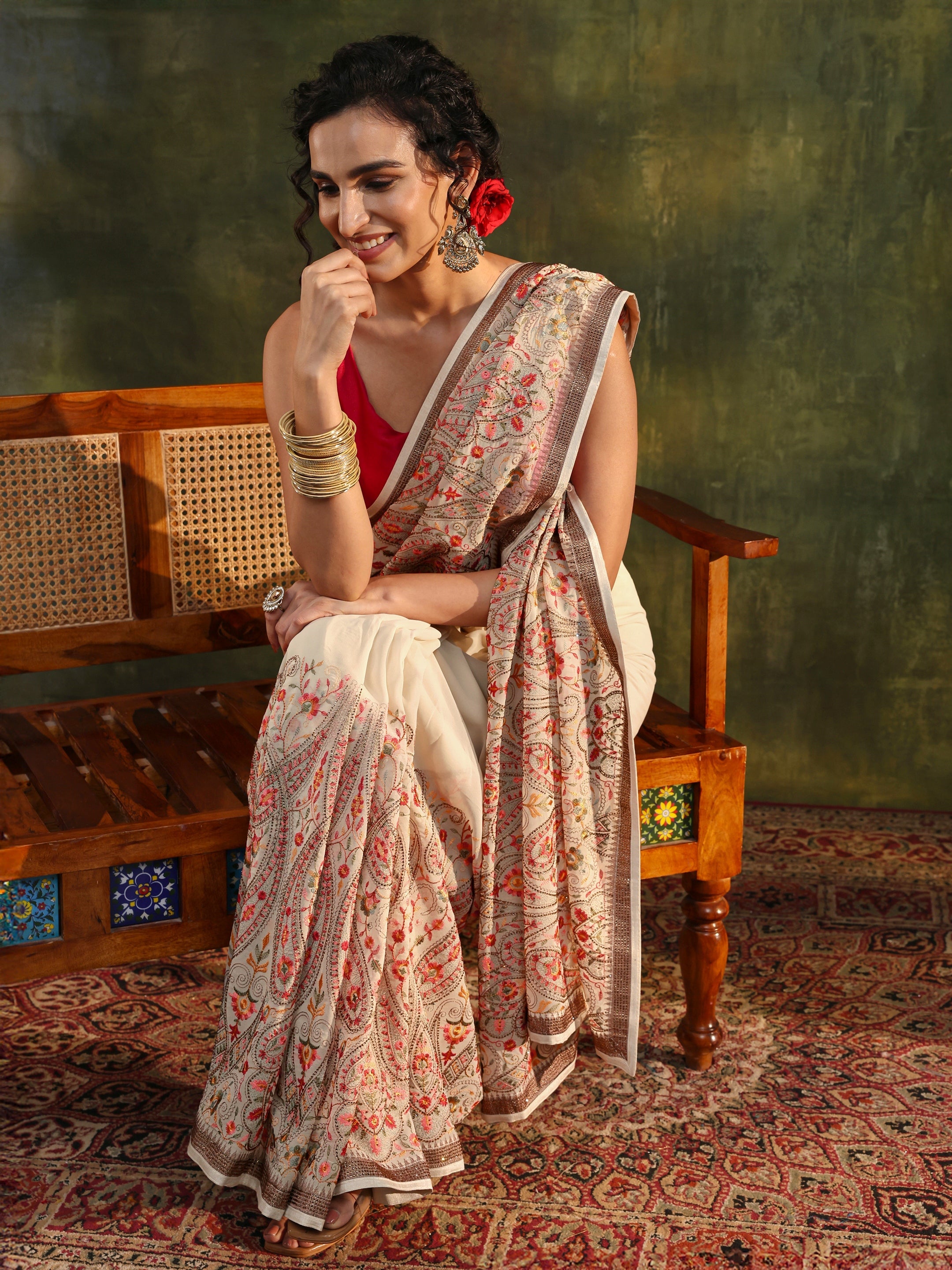 Libas Art Off White Jamawar Embroidered Georgette Saree With Unstitched Blouse Piece-image-40
