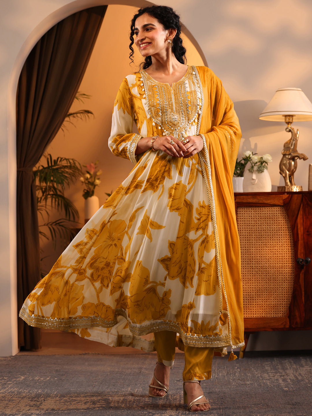 Libas Art Off White Printed Georgette Anarkali Suit Set With Dupatta
