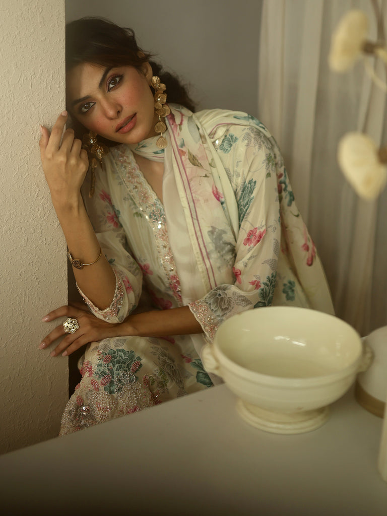 Libas Art Off White Printed Silk blend Straight Suit Set With Dupatta