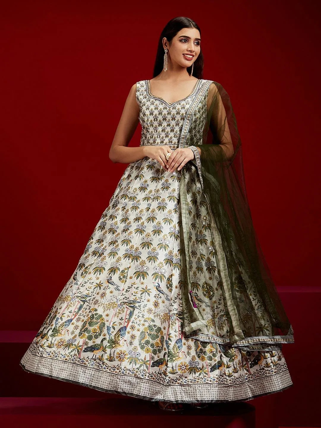 Libas Art Off White Printed Silk Gown - Libas 