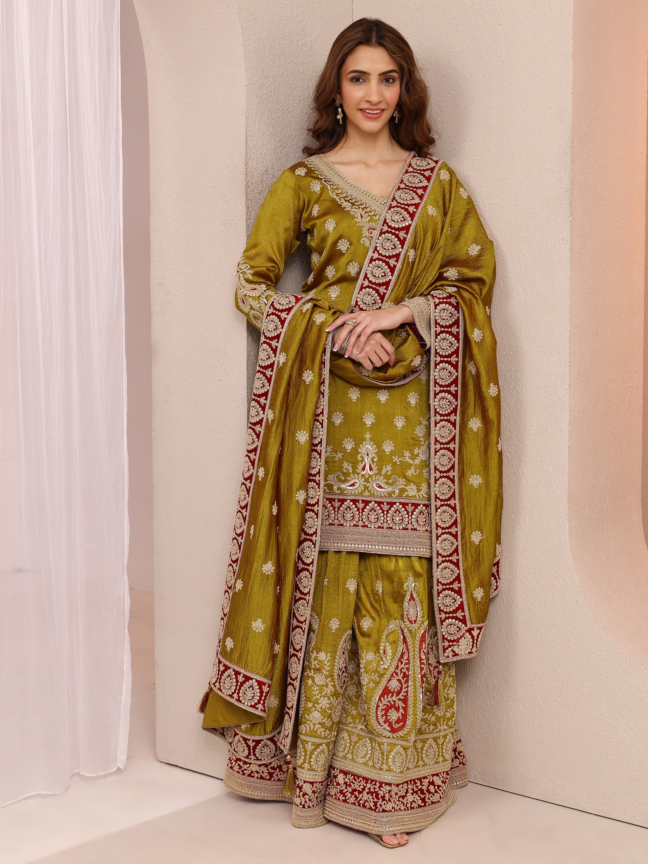 Libas Art Olive Embroidered Chinon Straight Suit Set With Dupatta-picture-26