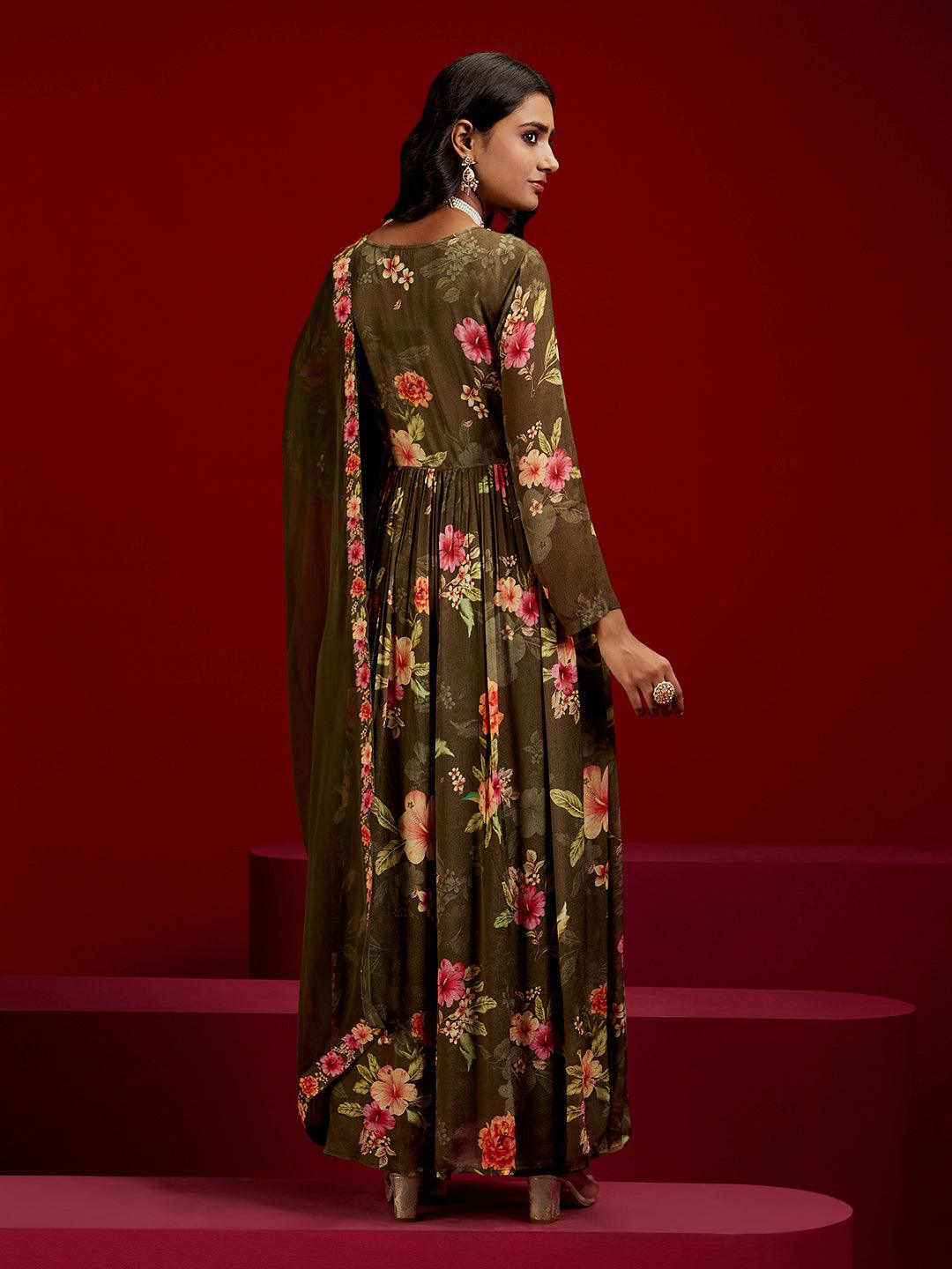Libas Art Olive Printed Silk Anarkali Suit With Dupatta