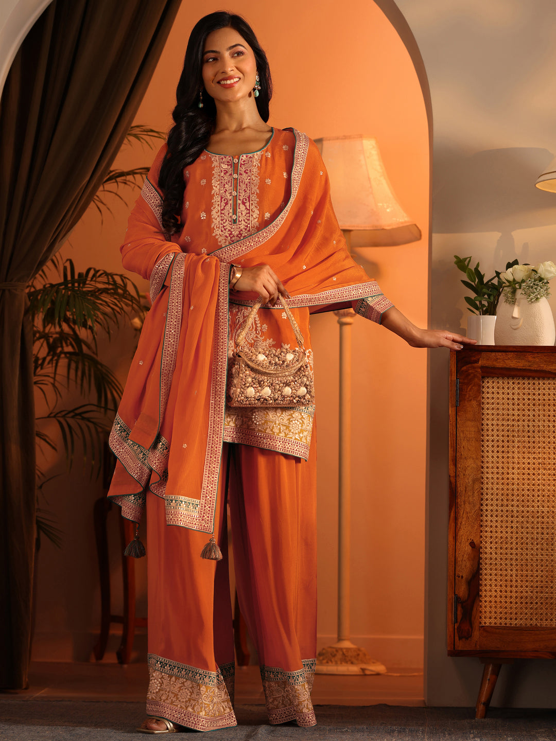  Libas Art Orange Embroidered Chinon Straight Suit Set With Dupatta 
