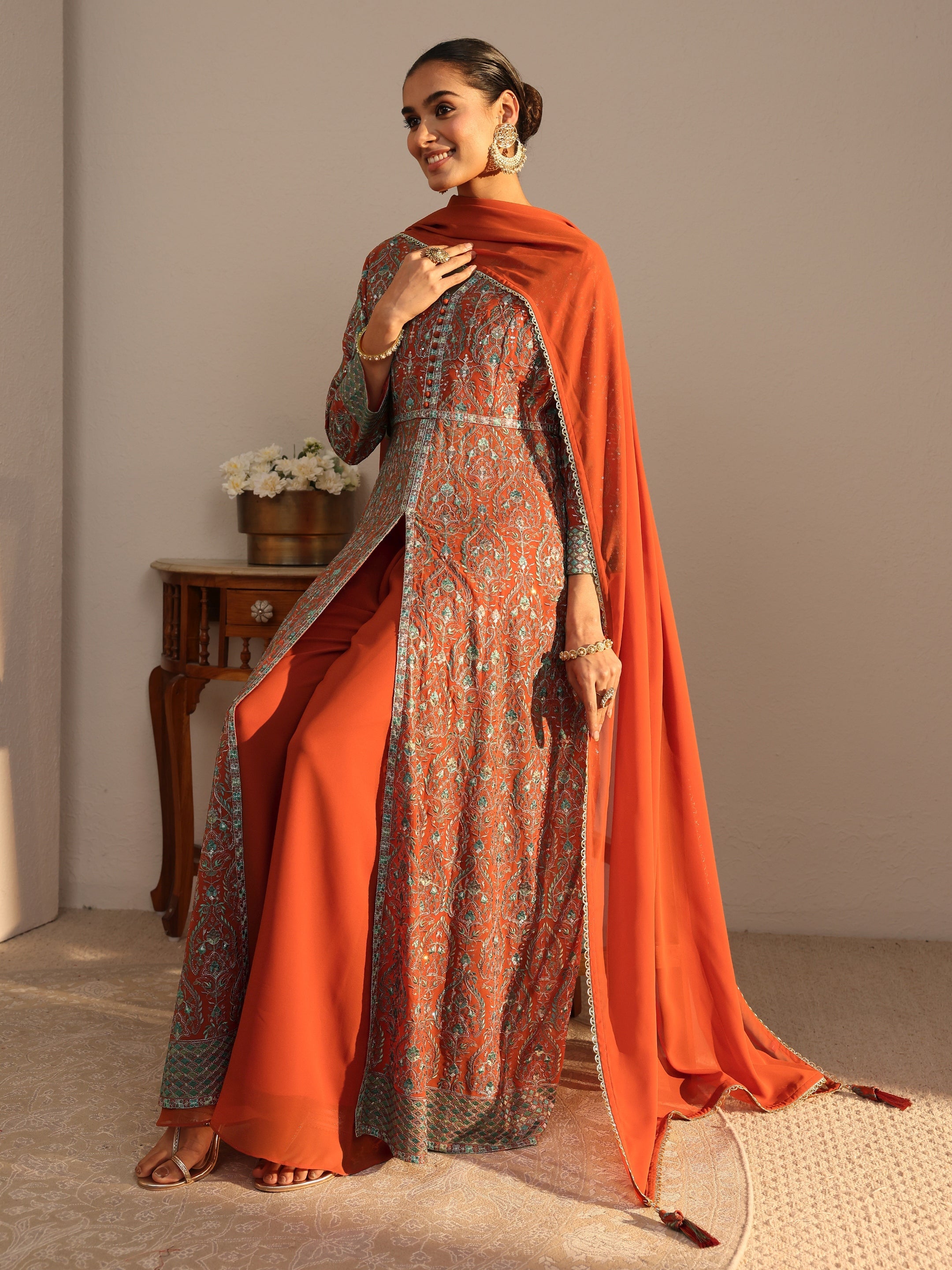 Libas Art Orange Embroidered Georgette A-Line Suits Set With Dupatta-picture-12