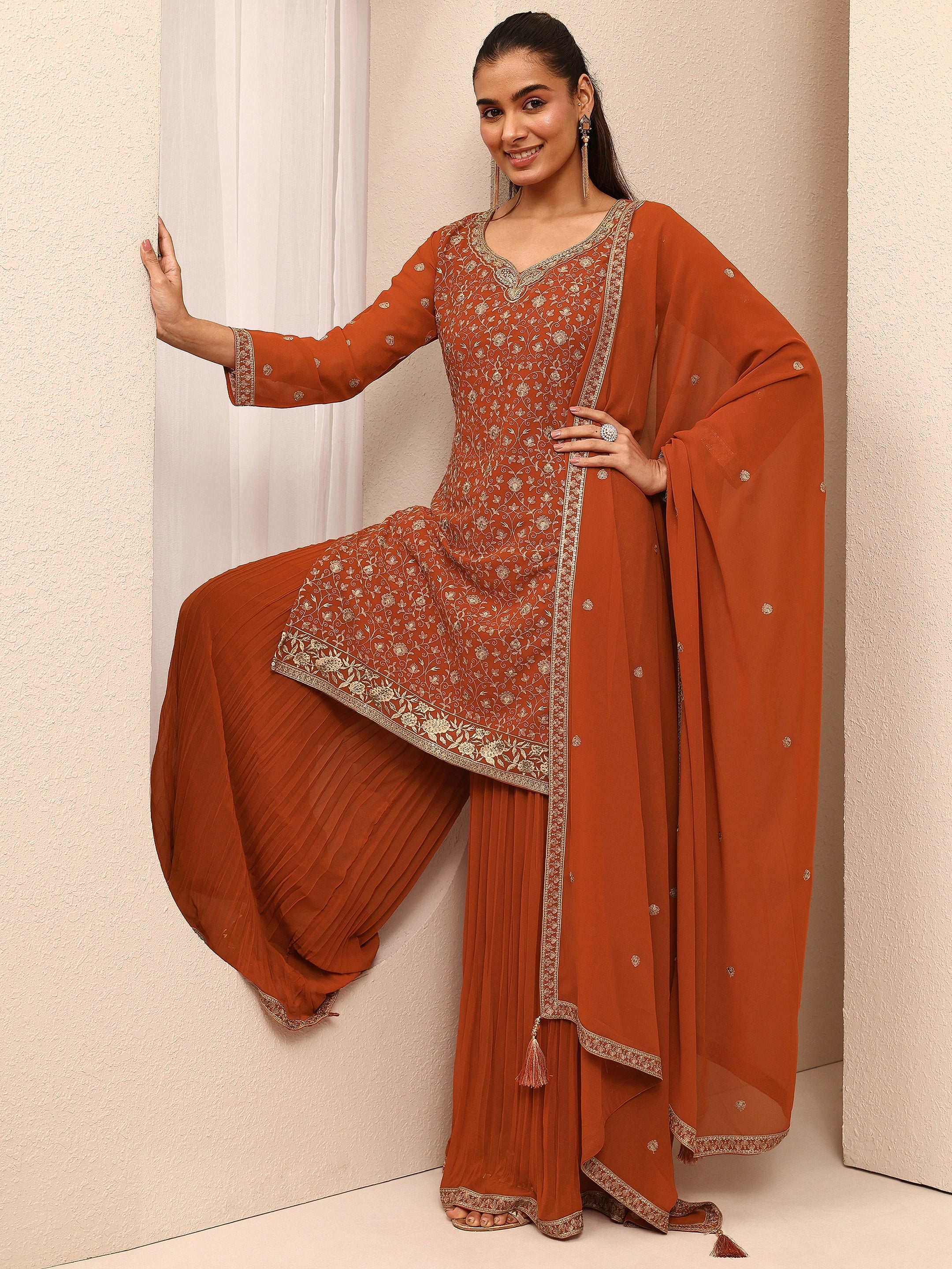 Libas Art Orange Embroidered Georgette Straight Suit Set With Dupatta-picture-13