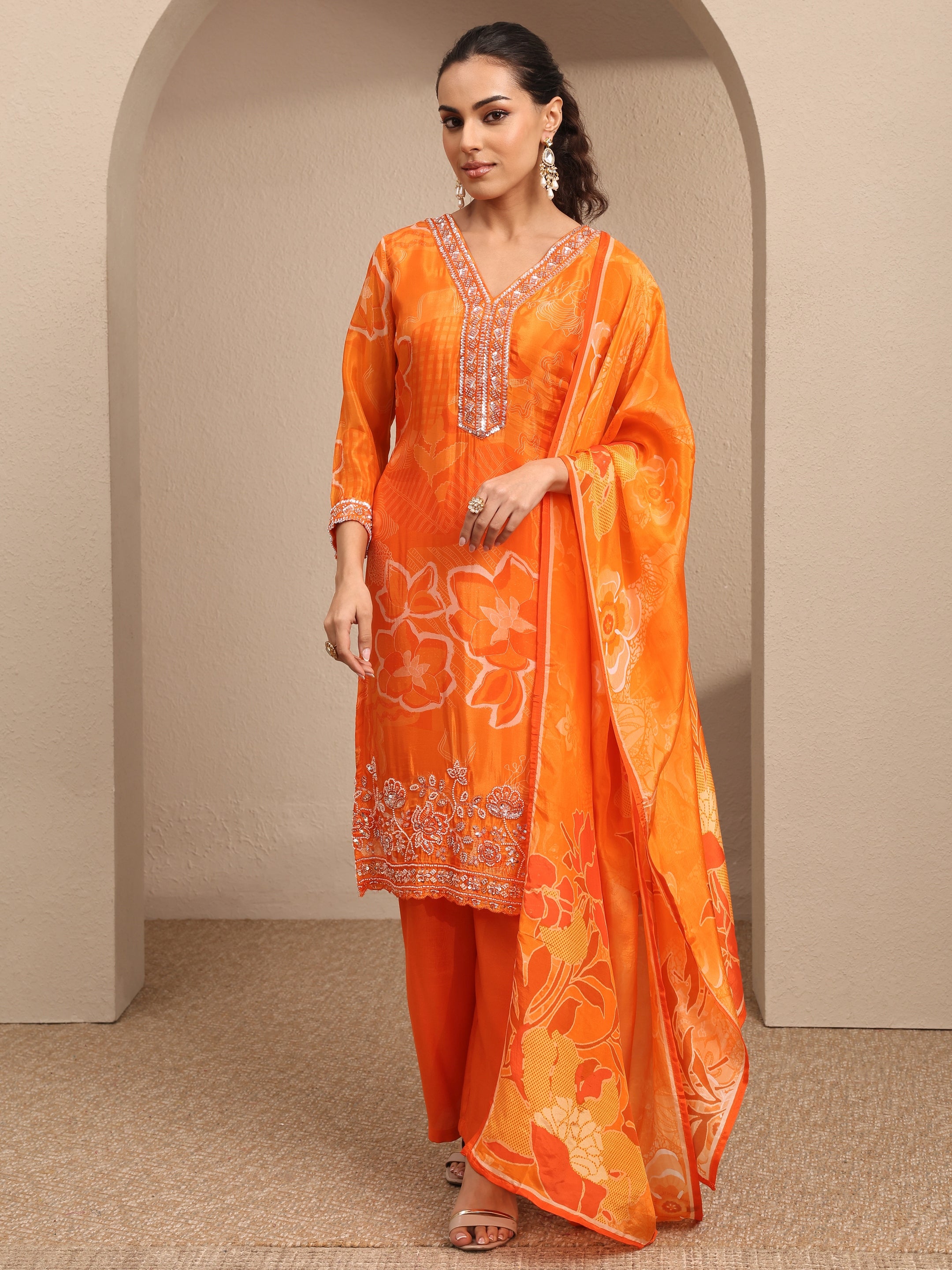 Libas Art Orange Embroidered Silk blend Straight Suit Set With Dupatta-picture-22