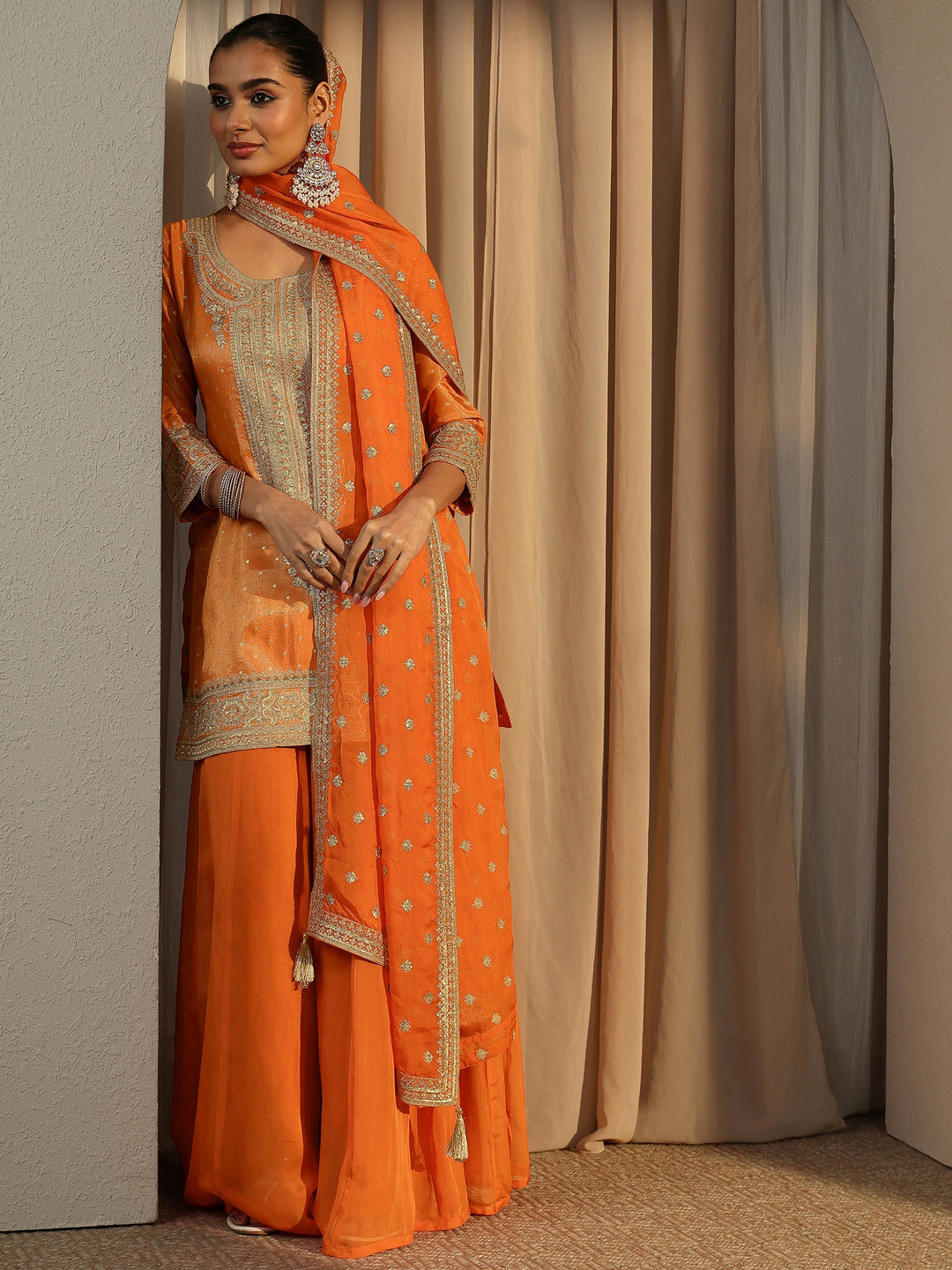  Libas Art Orange Embroidered Silk Blend Straight Suit Set With Dupatta 