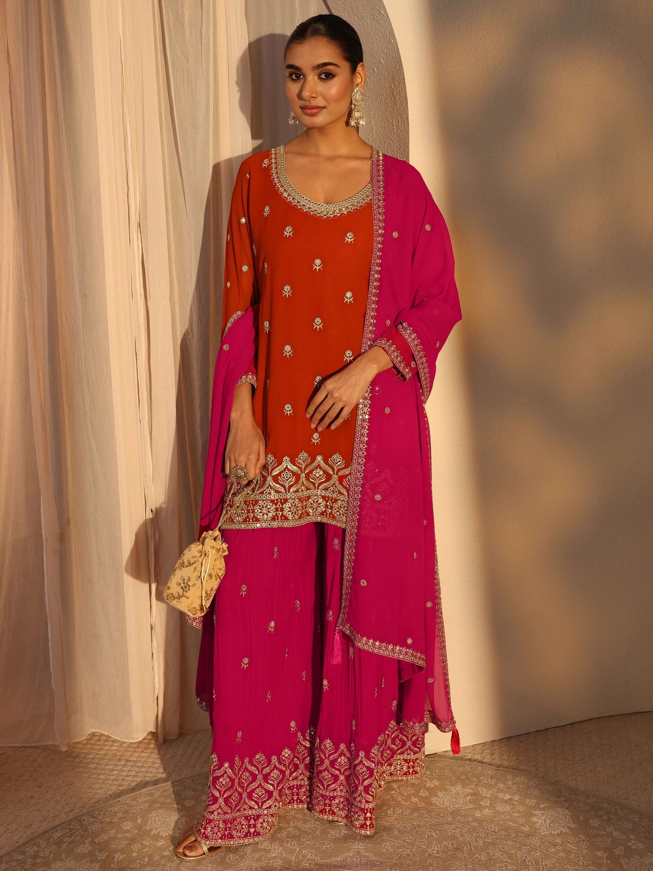 Libas Art Orange Floral Embroidered Georgette Straight Suits Set With Dupatta-picture-21
