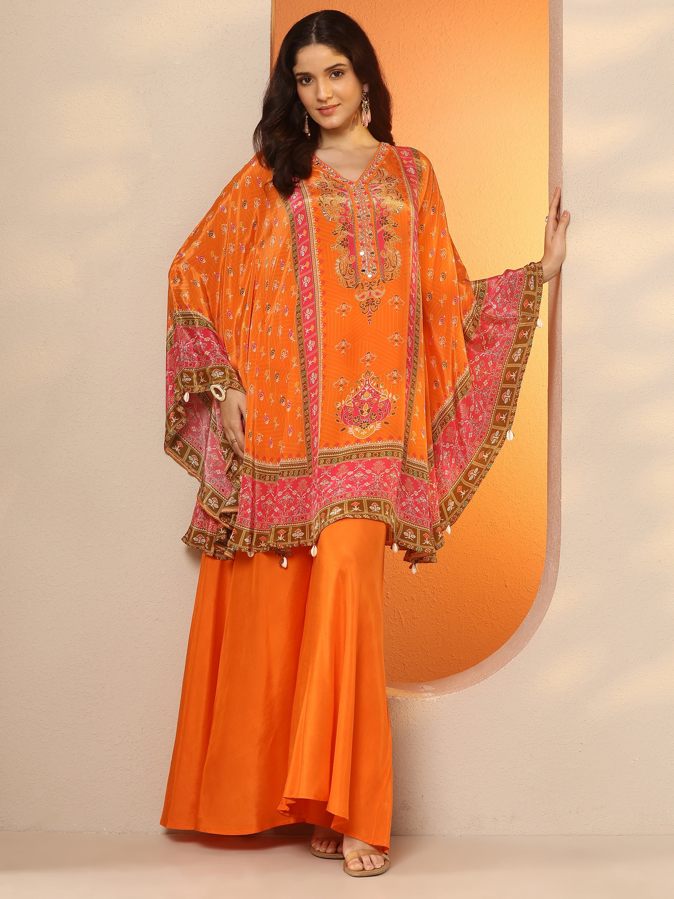 Orange Printed Crepe A-Line Kurta Set-image-6