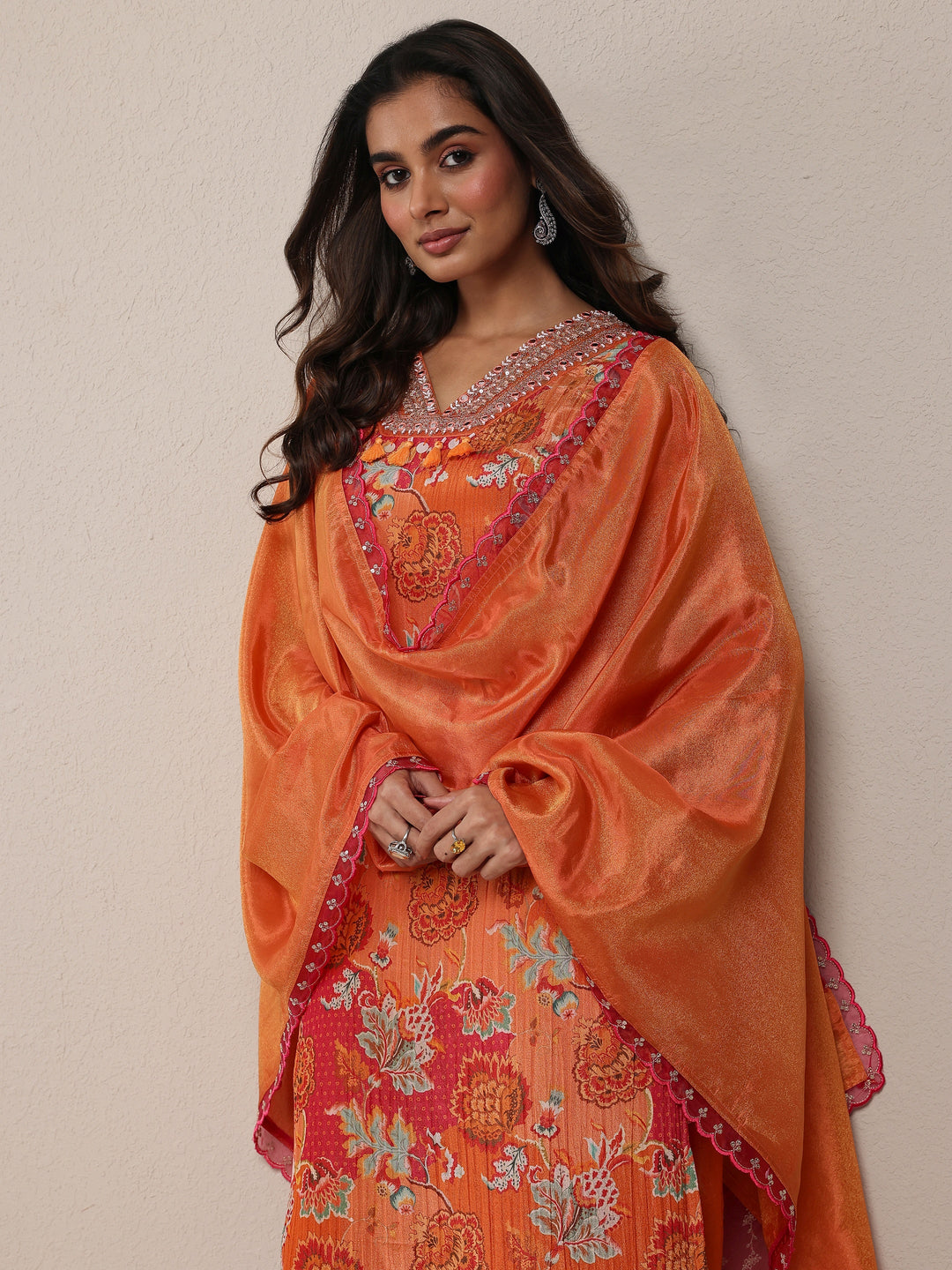  Libas Art Orange Printed Silk Blend Straight Suit Set With Dupatta 