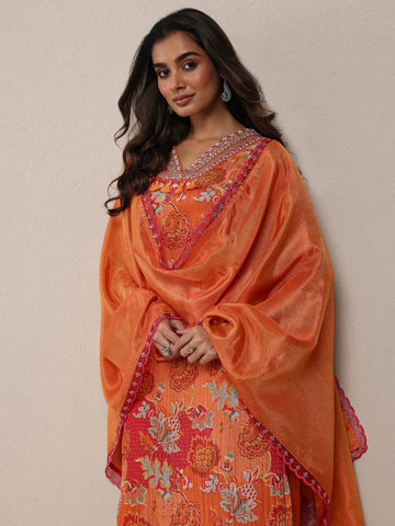 Orange Printed Silk Blend Straight Suit Set With Dupatta