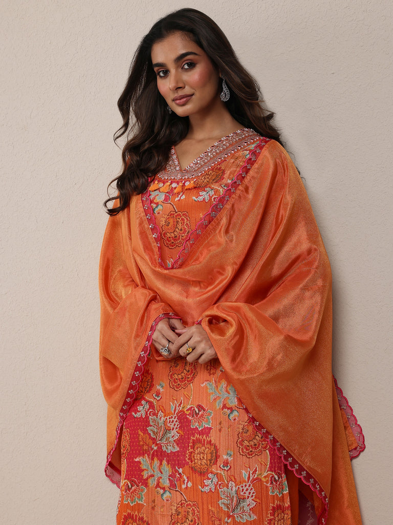 Libas Orange Printed Silk Blend Straight Suit Set With Dupatta