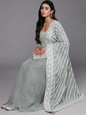 Libas Art Green Embroidered Georgette Anarkali Suit With Dupatta
