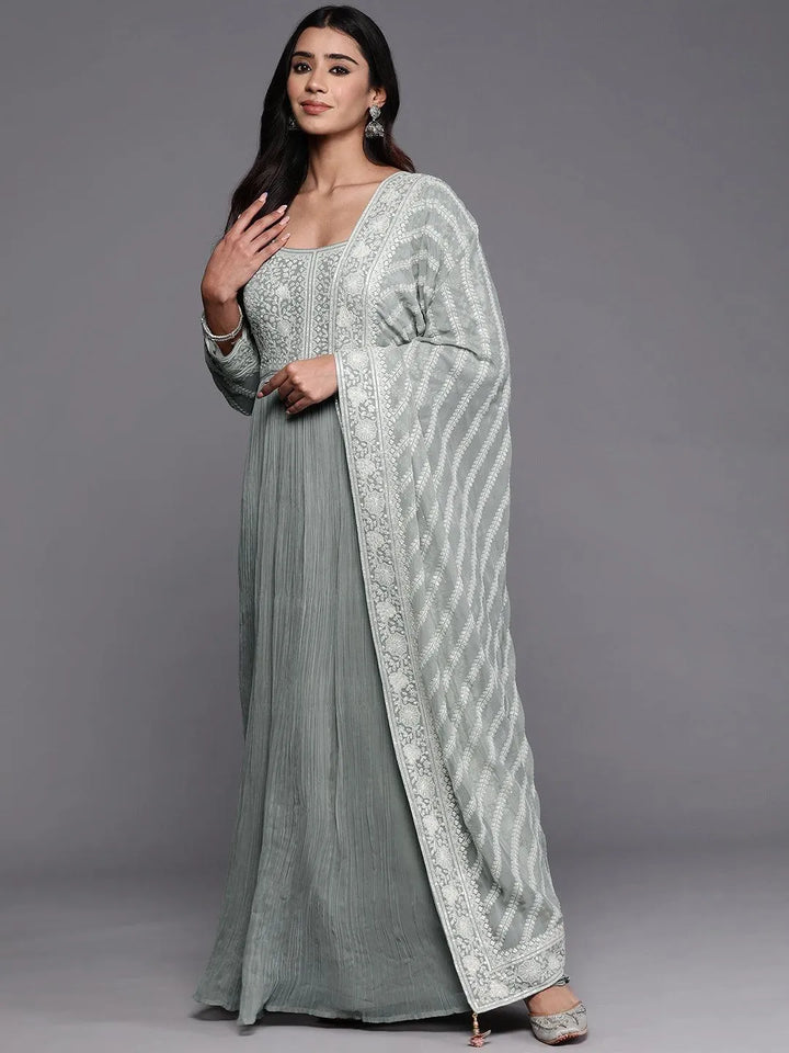 Libas Art Pastel Green Embroidered Georgette Anarkali Kurta With Trousers & Dupatta - Libas