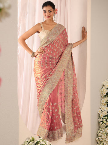 Libas Art Peach Embellished Tissue Saree With Unstitched Blouse Piece