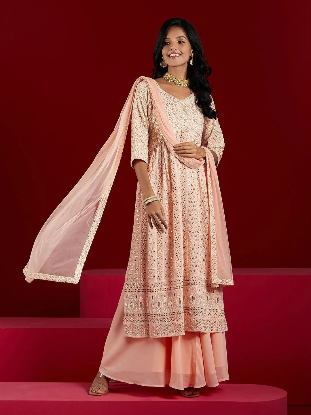 Libas Art Peach Embroidered Georgette A-Line Kurta With Palazzos & Dupatta - Libas
