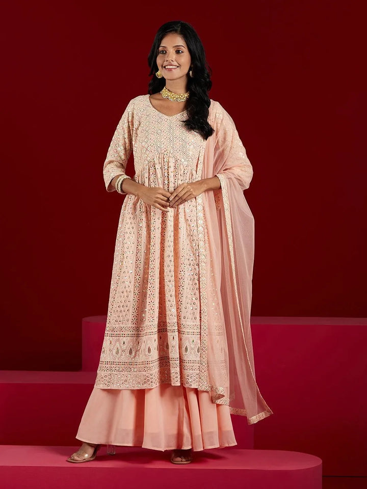 Libas Art Peach Embroidered Georgette A-Line Kurta With Palazzos & Dupatta - Libas