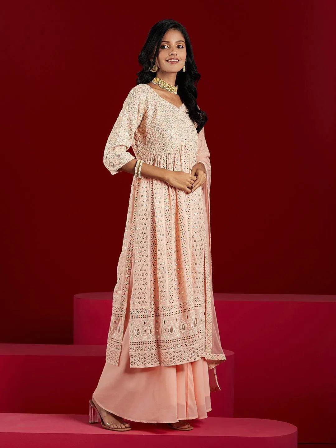 Libas Art Peach Embroidered Georgette A-Line Kurta With Palazzos & Dupatta - Libas 