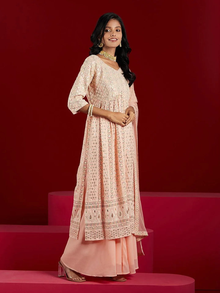 Libas Art Peach Embroidered Georgette A-Line Kurta With Palazzos & Dupatta - Libas