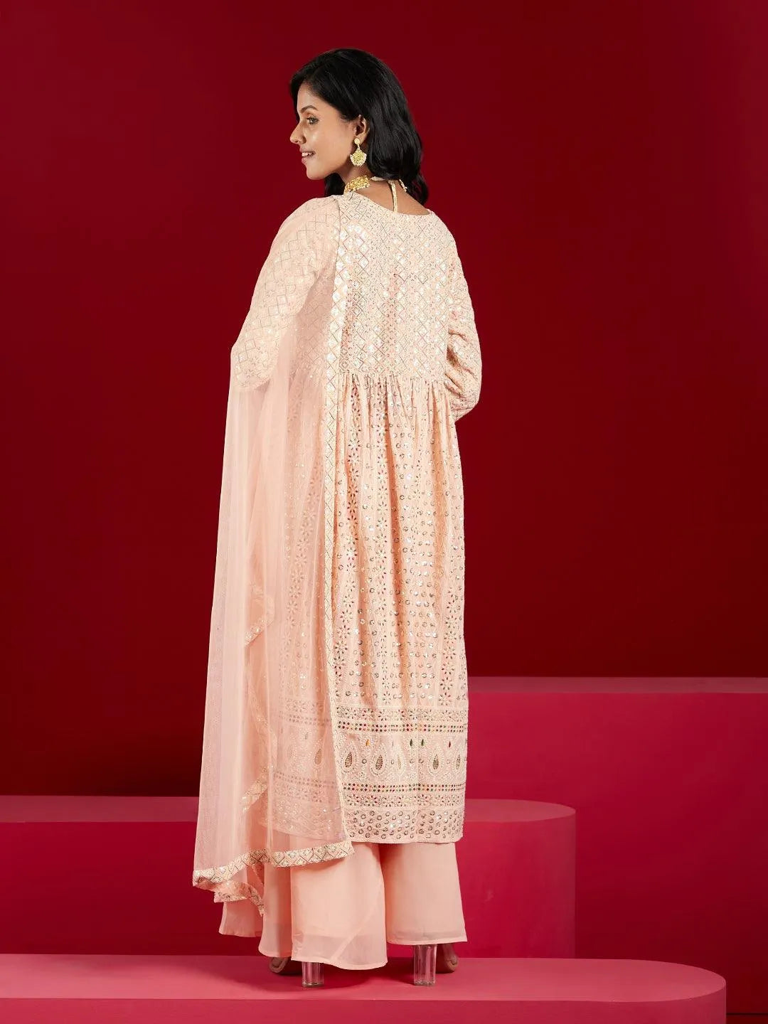 Libas Art Peach Embroidered Georgette A-Line Kurta With Palazzos & Dupatta - Libas 