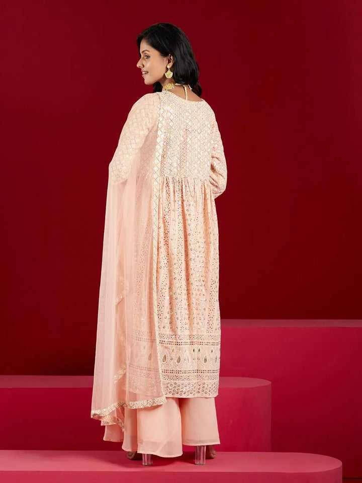 Libas Art Peach Embroidered Georgette A-Line Kurta With Palazzos & Dupatta - Libas