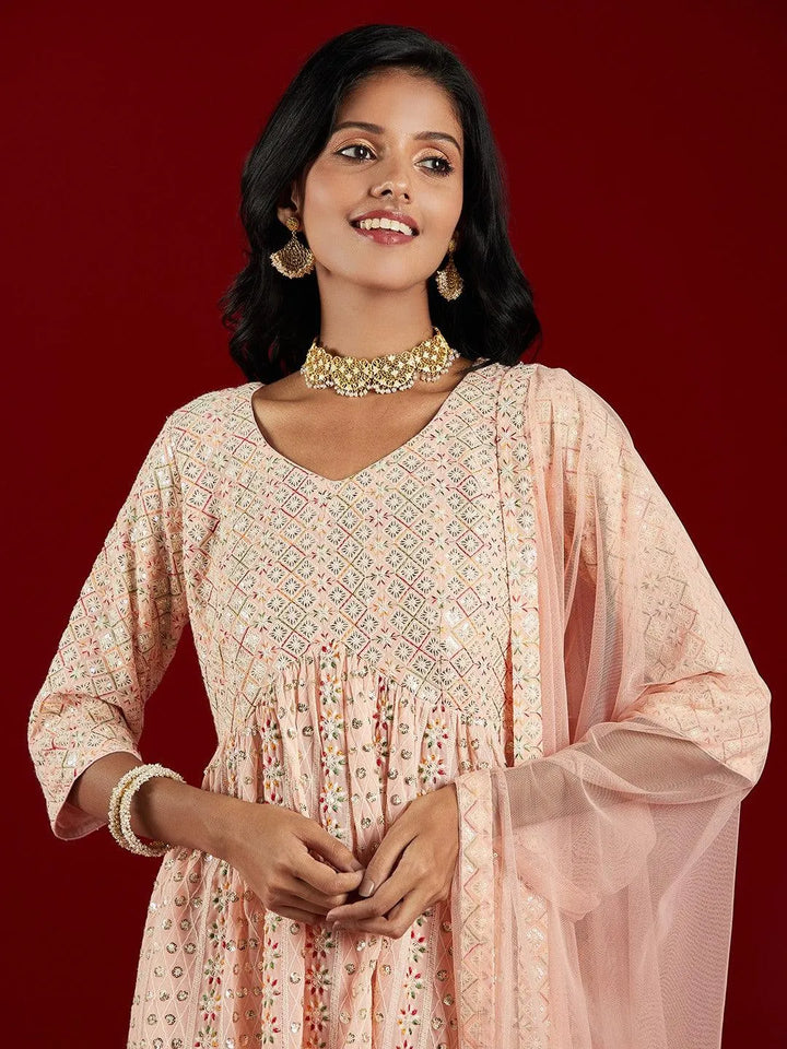 Libas Art Peach Embroidered Georgette A-Line Kurta With Palazzos & Dupatta - Libas