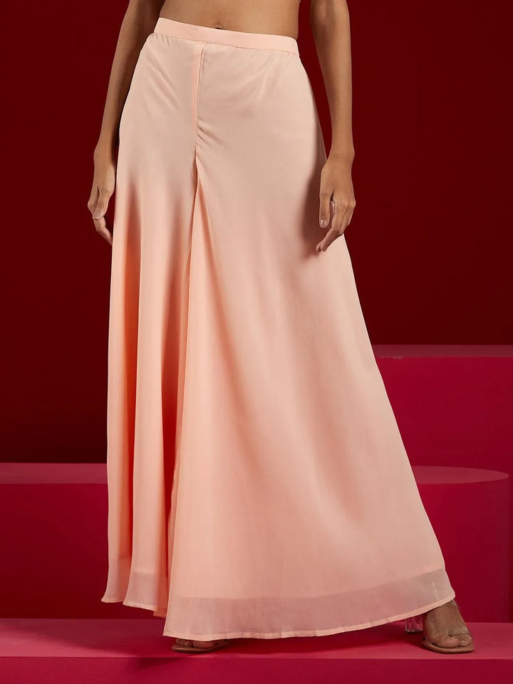 Libas Art Peach Embroidered Georgette A-Line Kurta With Palazzos & Dupatta - Libas